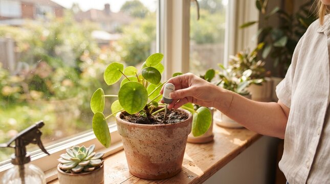  Hand Watering Pilea Peperomioides Chinese Money Plant in Terracotta Pot on Windowsill
