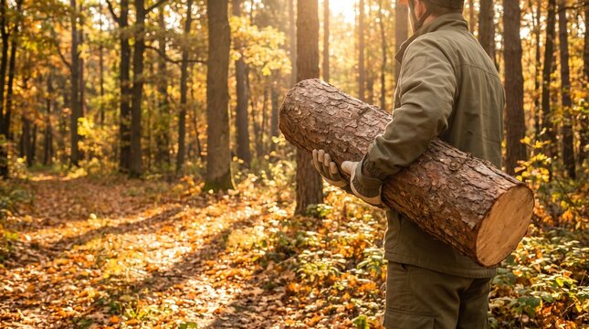 Un b&ucirc;cheron portant un gros rondin de bois dans une for&ecirc;t d'automne au coucher du soleil