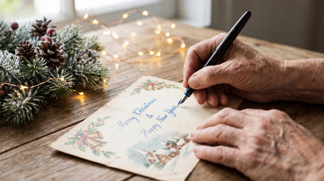 Senior person writing merry christmas and happy new year greeting card beside festive evergreen decorations.