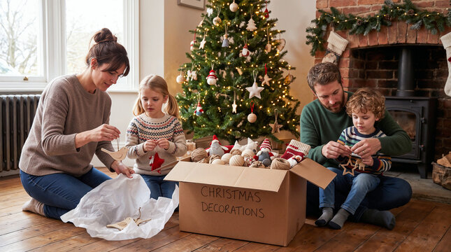 Family unpacking christmas decorations together beside a lit tree for festive home preparation.