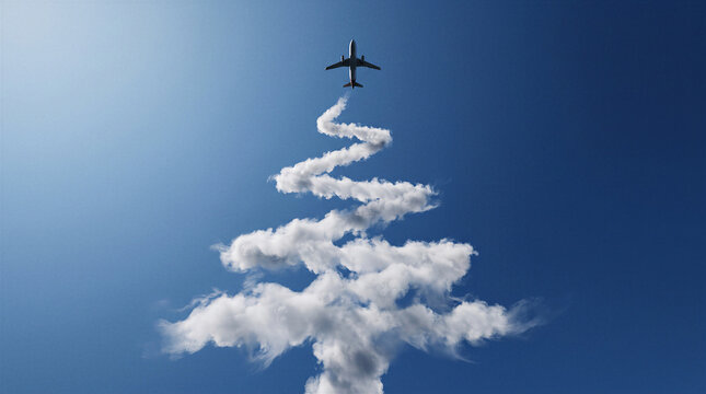Passenger airplane flying above a cloud trail shaped like a christmas tree, representing holiday travel, tourism and seasonal celebration.