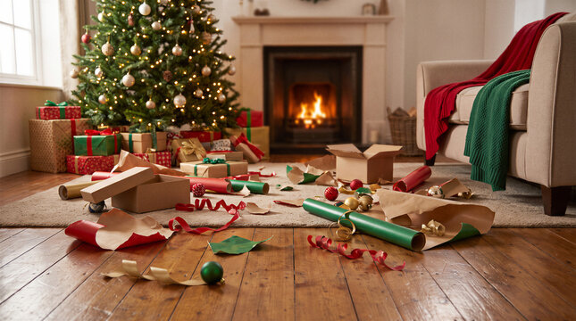 Messy living room after christmas gift unwrapping with scattered paper and festive decorations by fireplace.