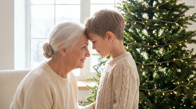 Senior woman sharing affectionate forehead touch with young boy beside illuminated christmas tree at home showing generational love between grandmother and grandson.