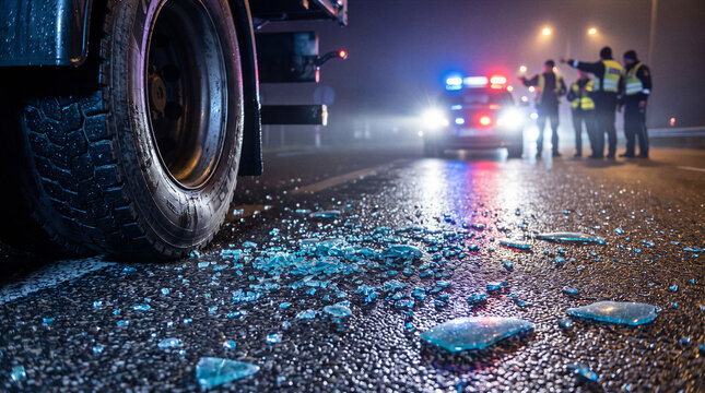 Police investigating nighttime road accident with shattered glass beside vehicle on wet highway with copy space.