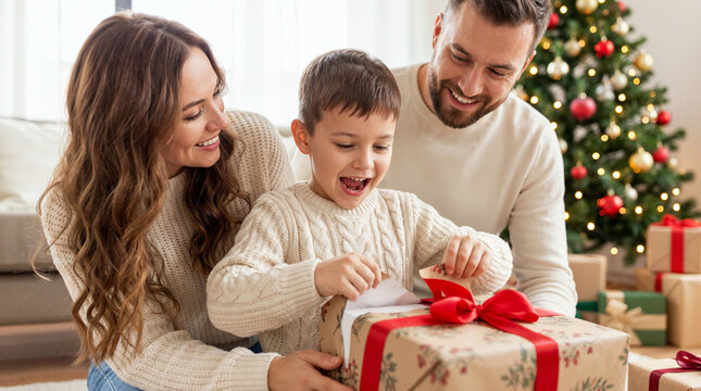 Excited young boy opening christmas present with smiling parents beside festive tree at home.