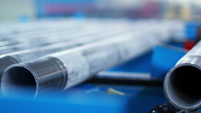 Galvanized metal pipes moving conveyor line. Closeup steel tubes factory plant.