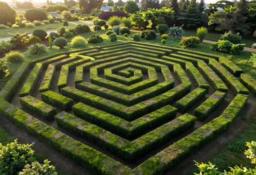 Problem solving and strategy, green hedge maze in a garden complexity and decision making in a business or life path challenge