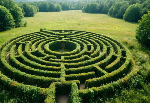 Problem solving and strategic thinking, circular hedge maze in a green meadow complexity and finding a way through difficult challenges