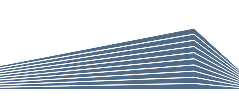 A series of parallel horizontal blue-gray lines converge sharply toward a single point on the right side, creating the impression of a tall building or skyscraper seen from below in dramatic perspecti