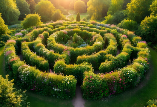 Mindfulness and personal growth circular garden hedge maze in a lush park at sunset for meditation wellness and finding direction in life