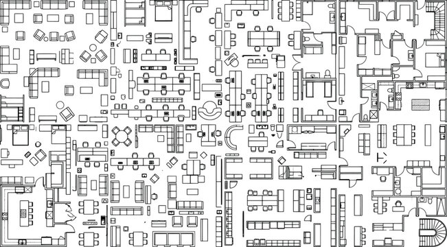 Architectural symbols furniture floor plan blueprint elements set for interior design