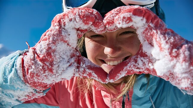 Happy female skier making heart shape with snow covered gloves.
