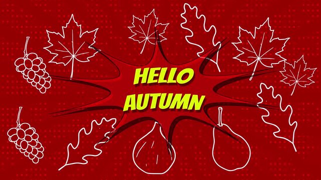 Vibrant Hello Autumn Graphic Featuring Hand Drawn White Outlines Of Seasonal Fruits And Falling Leaves Against A Deep Red Background With Retro Halftone Dot Patterns In A Playful Stylized Comic Book
