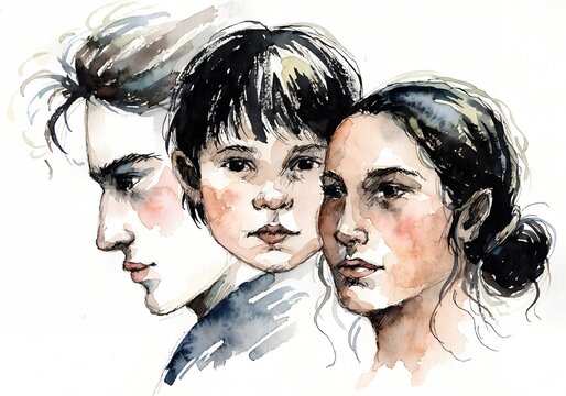 Watercolor Portrait Illustrating The Connection Of Three Distinct Faces In Artistic Style