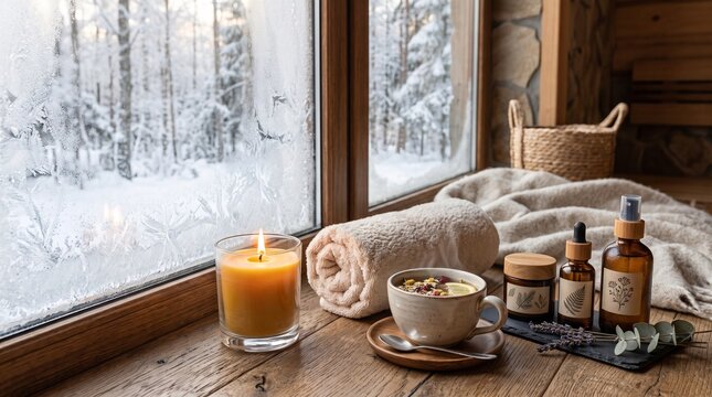 Cozy winter wellness scene with candle and skincare products on a wooden windowsill