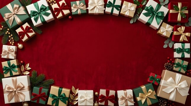 A festive christmas scene beautifully wrapped presents arranged in a circular border on a red background