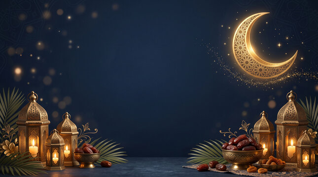Ramadan Background with Golden Lanterns Crescent Moon and Dates Bowl

