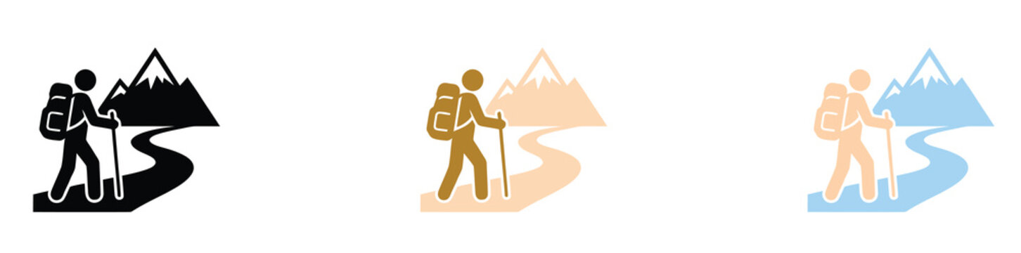 Hiking and trekking icon set showing a backpacker walking on a trail toward high mountains