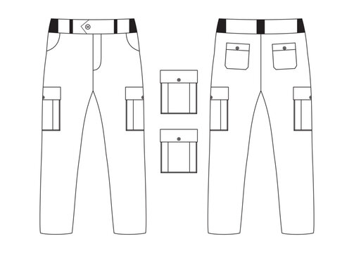White casual cargo pants template, front and back view mockup.