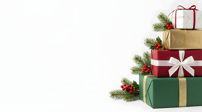 Festive christmas gift presentation a stack of beautifully wrapped presents with holiday decorations