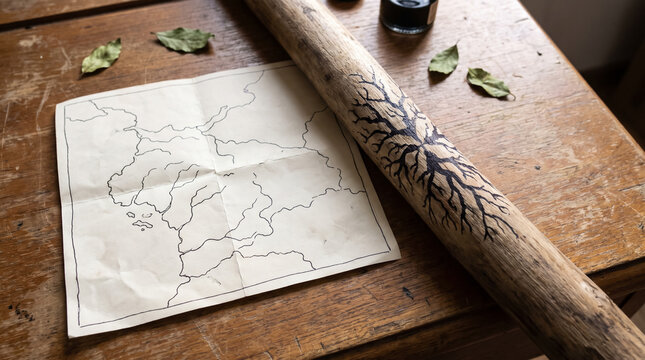 Hand Drawn Fantasy Map and Tree Illustration on Wooden Dowel over Table. Concept of ink, cartography, ink drawing, parchment, rustic table, tree art.