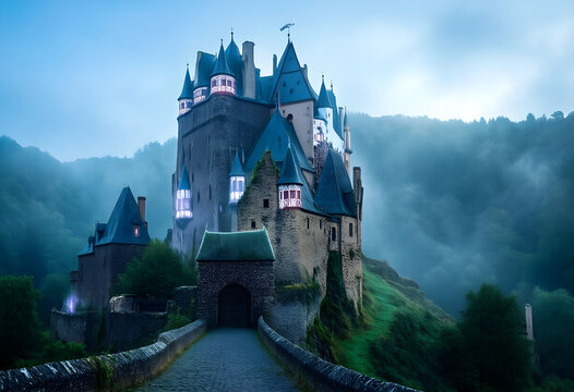 Medieval castle tourism and historical heritage, ancient stone fortress architecture in misty forest landscape for travel and fantasy storytelling themes