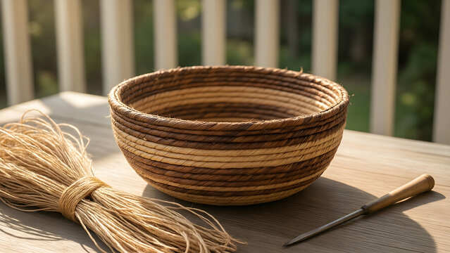 Coiled raffia bowl growing in concentric earth tones