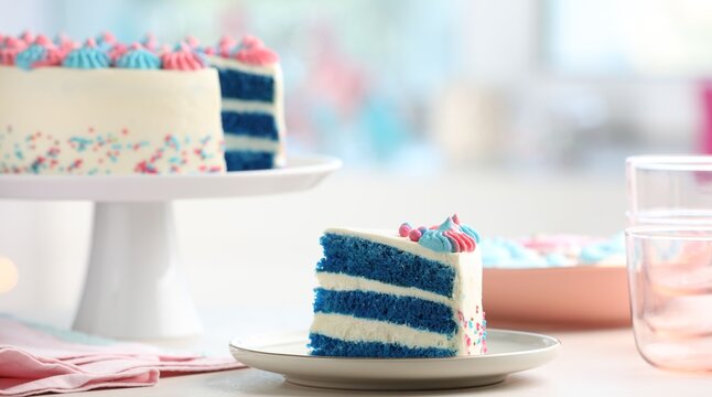 Slice of gender reveal cake with blue layers on white table, closeup