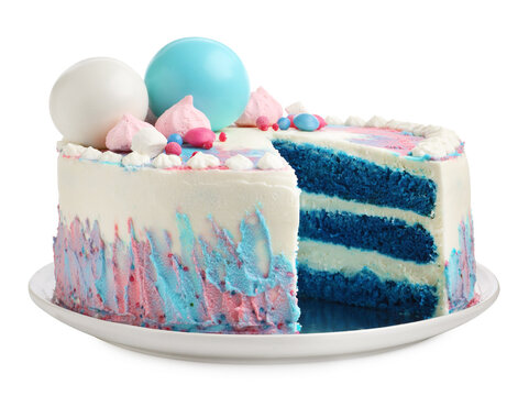 Decorated gender reveal cake with blue layers isolated on white
