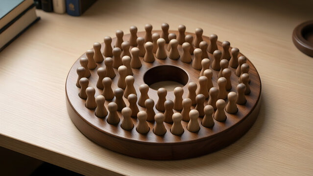 Wooden peg solitaire puzzle ready for focused play