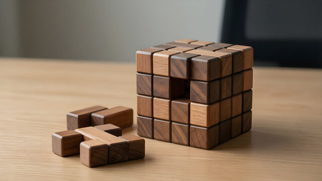 Interlocking wooden burr puzzle beside separated pieces