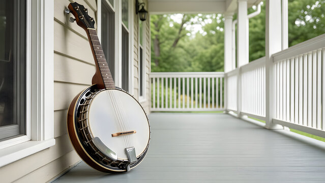 Open back banjo resting in a bright porch corner