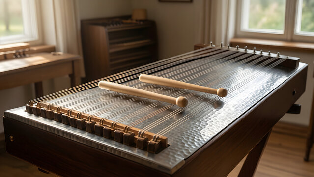Hammered dulcimer and mallets in a peaceful music room