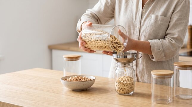 Home cook decants oats into a reusable pantry jar