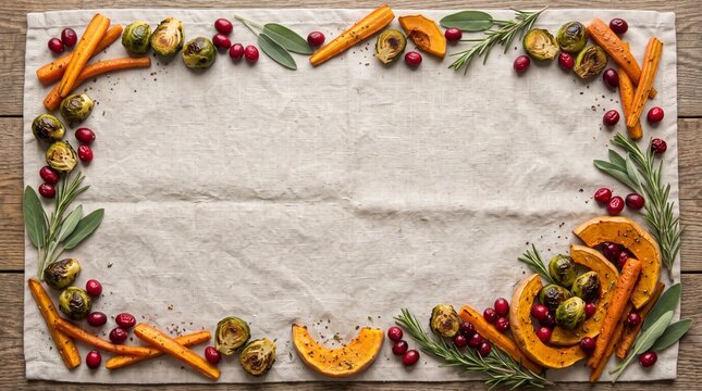 Thanksgiving vegetables framing a linen menu background