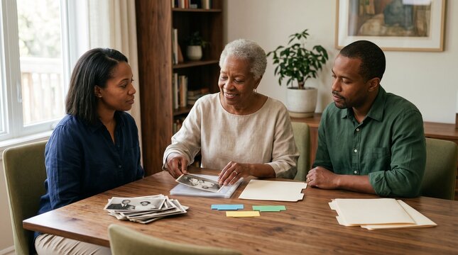 Grandmother guides family legacy planning at dining table