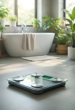 Weight loss and health monitoring, digital bathroom scale on floor for fitness progress tracking and wellness routine in a bright modern home interior