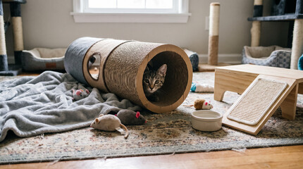 Fototapeta premium Playful Tabby Kitten Peeking Out from Scratching Play Tunnel with Pet Toys in Room. Concept of cat tunnel, cat playing, scratching post, enrichment, pet enrichment, foster kitten.