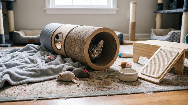 Playful Tabby Kitten Peeking Out from Scratching Play Tunnel with Pet Toys in Room. Concept of cat tunnel, cat playing, scratching post, enrichment, pet enrichment, foster kitten.