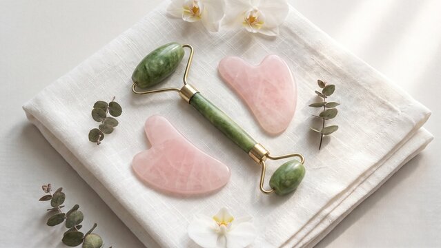 Jade Roller and Rose Quartz on White Linen