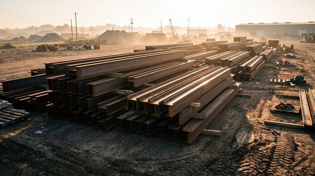 stacked structural steel  in a large outdoor construction supply yard during sunset.