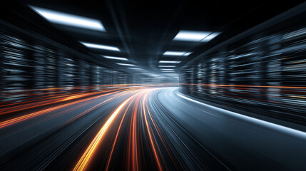 Fototapeta premium Data Center Server Corridor with High Speed Motion Light Trails Science Fiction Concept