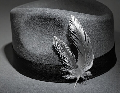 Close-up view of monochromatic grey felt fabric used for traditional hats featuring a single silver feather pin accessory.