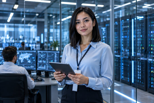 Woman holding tablet stands in front of server room technology