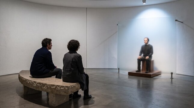 Visitors reflect beside a replica in a future gallery