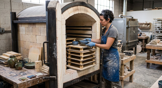 Ceramic artist loading glazed pottery bowls into industrial refractory kiln for firing in studio workshop. Concept of artisan.