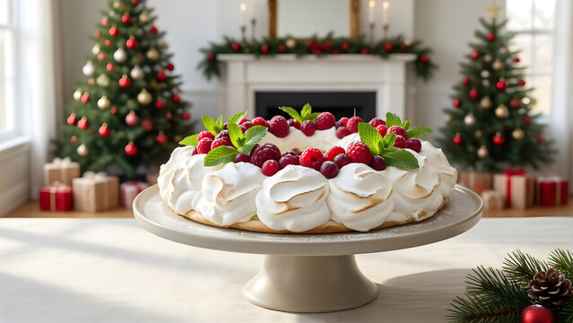 Christmas pavlova wreath with berries and white cream