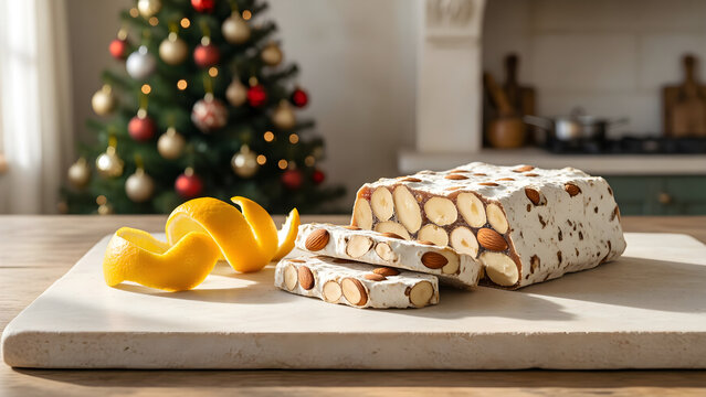 Italian torrone nougat with almonds and winter citrus