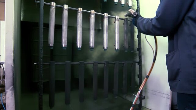 Powder coating worker spraying metal pipes paint booth. Steel finishing plant.