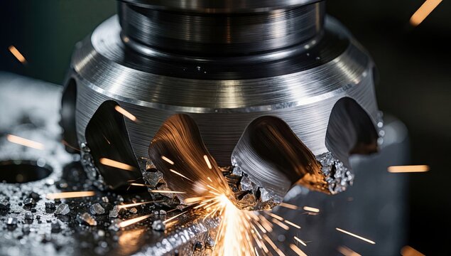 Industrial CNC Milling Cutter Machining Metal with Flying Sparks, Heavy Manufacturing and Engineering Concept